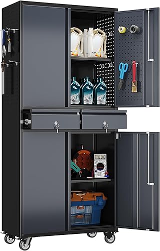 SUXXAN Armario de almacenamiento de metal alto para garaje con rueda y asa para garaje en el hogarestantes ajustables, con cerradura, refuerzo y