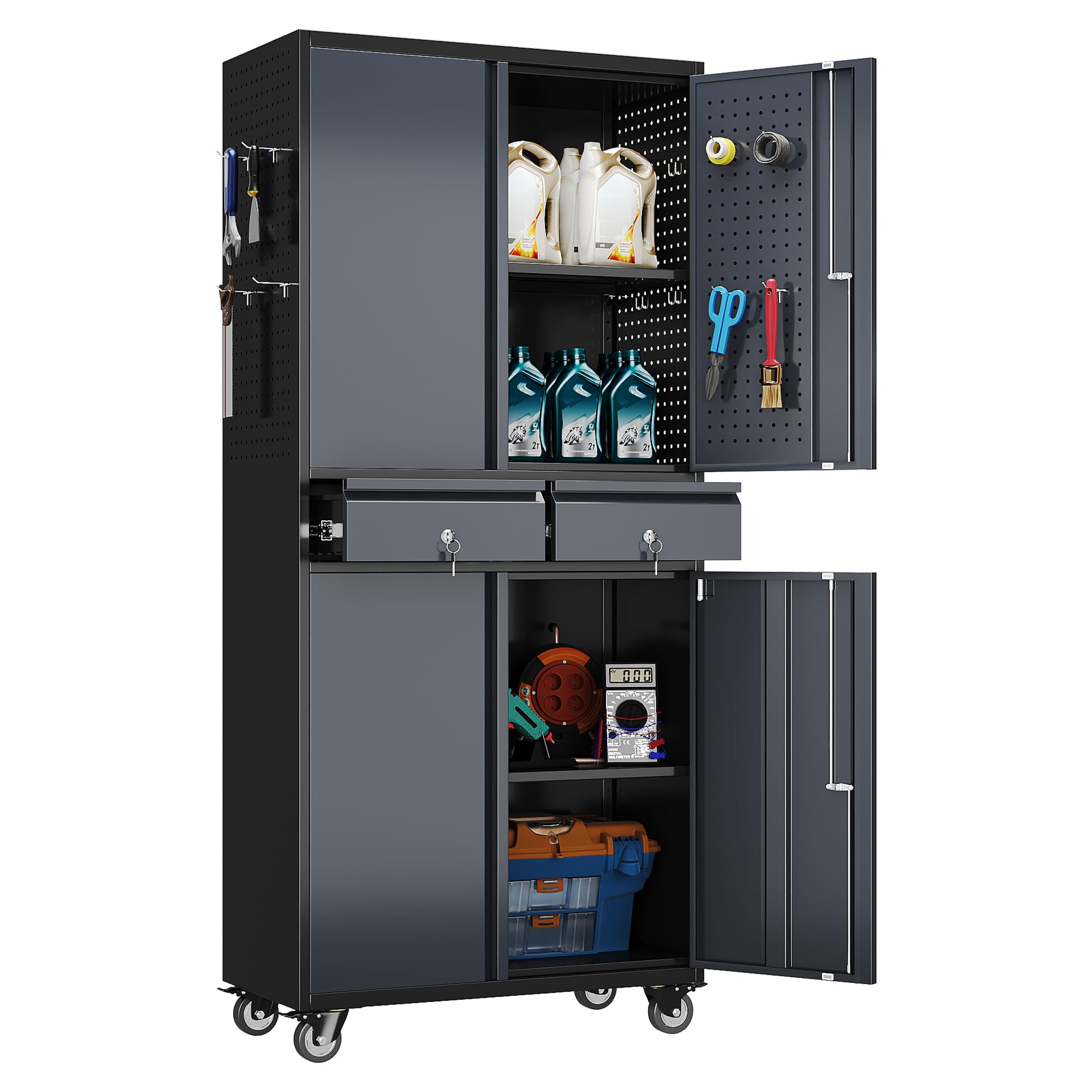 71" Metal Garage Storage Cabinet with 2 Drawers and Wheels