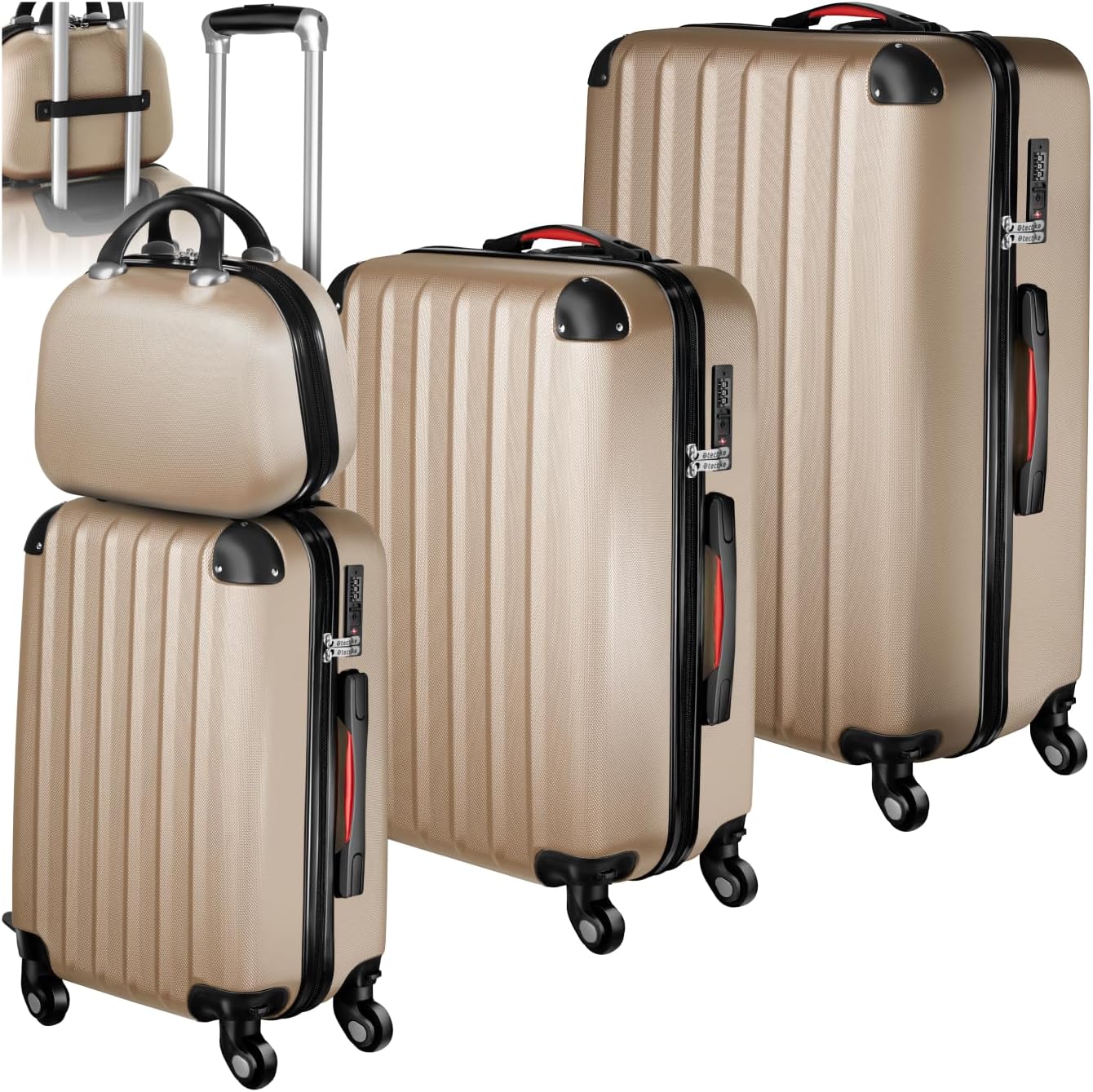 TecTake Set of 4 Travel Suitcases Large Suitcase Cabin Suitcase Multi-Function ABS Polypropylene Travel Suitcase with Toiletry Bag – Various Colours, Champagne | No. 403411