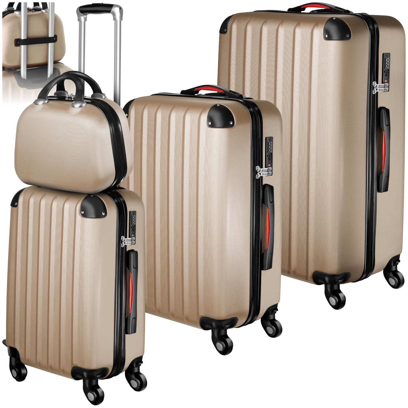 tectake Lot de 4 Valises de Voyage Valise Grande Taille Valise Cabine Valise soute Multifonction en ABS Polypropylène, Valise de Voyage à roulettes Valise avec Trousse de Toilette - Champagne