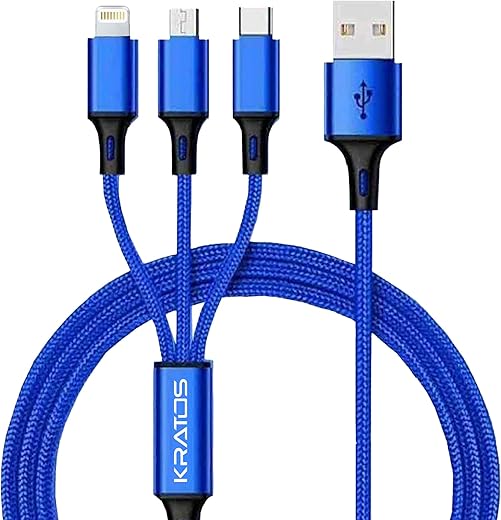 Kratos Nylon Braided Multifunction Fast Charging Cable For Android Smartphone, Ios And Type C Usb Devices, 3 In 1 Charging Cable, 3A, (3 Feet, Blue)