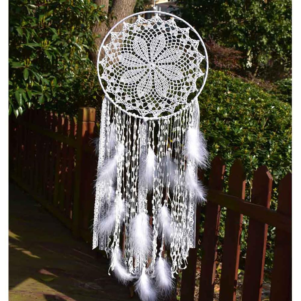 Grand attrape-rêves EasyBravo avec plumes blanches macramé à suspendre au mur pour décoration vintage de mariage ou maison - 80 cm de long Cercle de 30 cm de diamètre (blanc)
