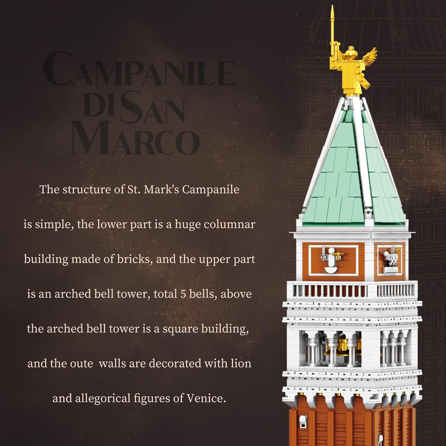 Close-up of the upper section of the St. Mark's Campanile model, showing intricate details