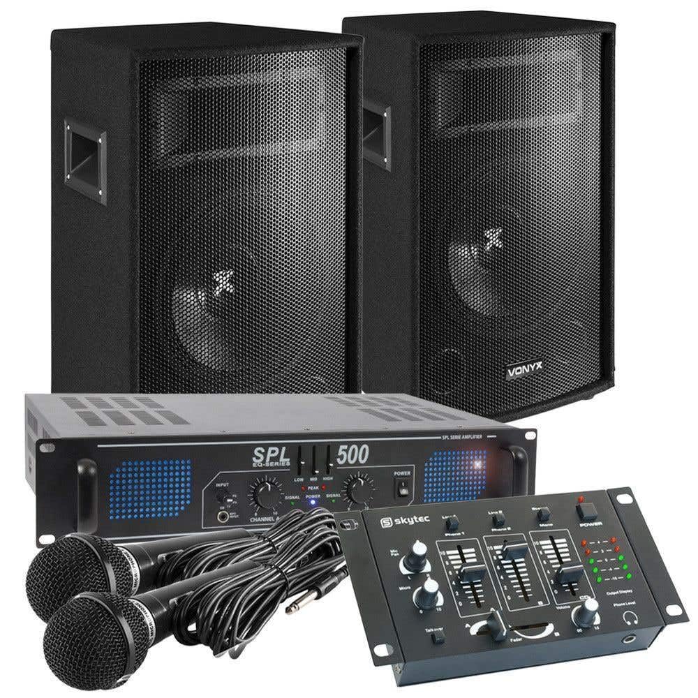 VONYX Kit Karaoke 500W Complet avec Amplificateur, Haut-Parleurs et Câbles - avec Table de Mixage, 2 Microphones, Idéal pour Animer Toutes Vos Soirées