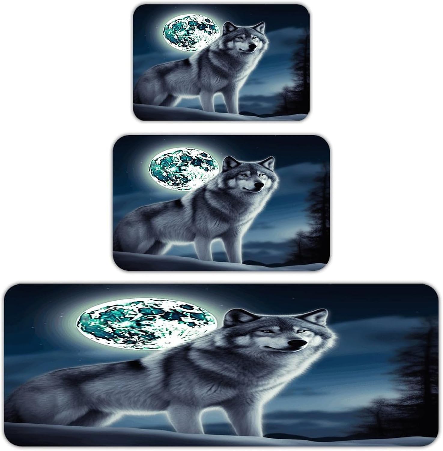 Wolf Under Moon Kitchen Rugs Sets of 3 Non Slip Kitchen Mat for Floor Comfort Standing Rug and Mats Thick Cushioned Long Area Carpets for Laundry Room Entryway