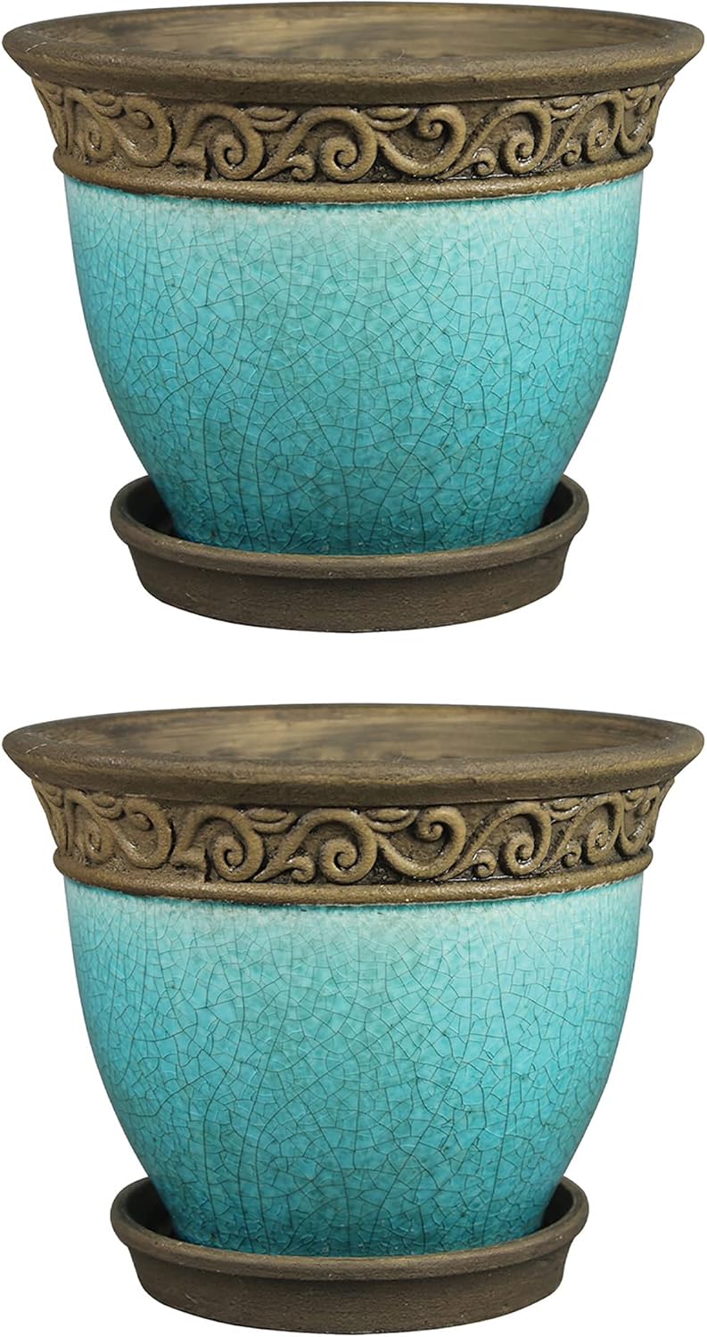 Southern Patio Cadiz 8in Diameter Crackled Glazed Ceramic Indoor Outdoor Garden Planter Pot Urn w/Saucer for Flowers, Herbs, & Plants, Teal (2 Pack)