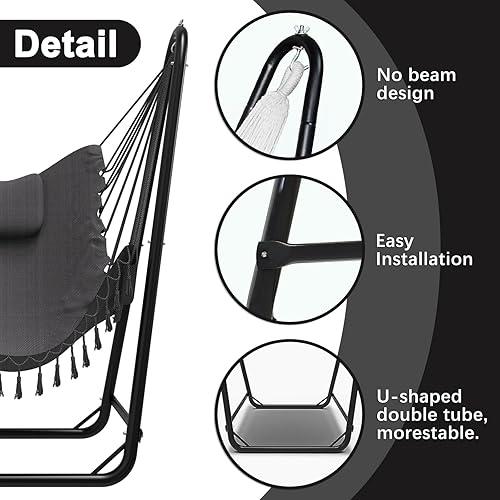 Miniatura 2 de Silla hamaca premium con soporte, hamaca con almohada, soporte de hamaca resistente, uso en interioresexteriores. Capacidad máxima de peso de 350