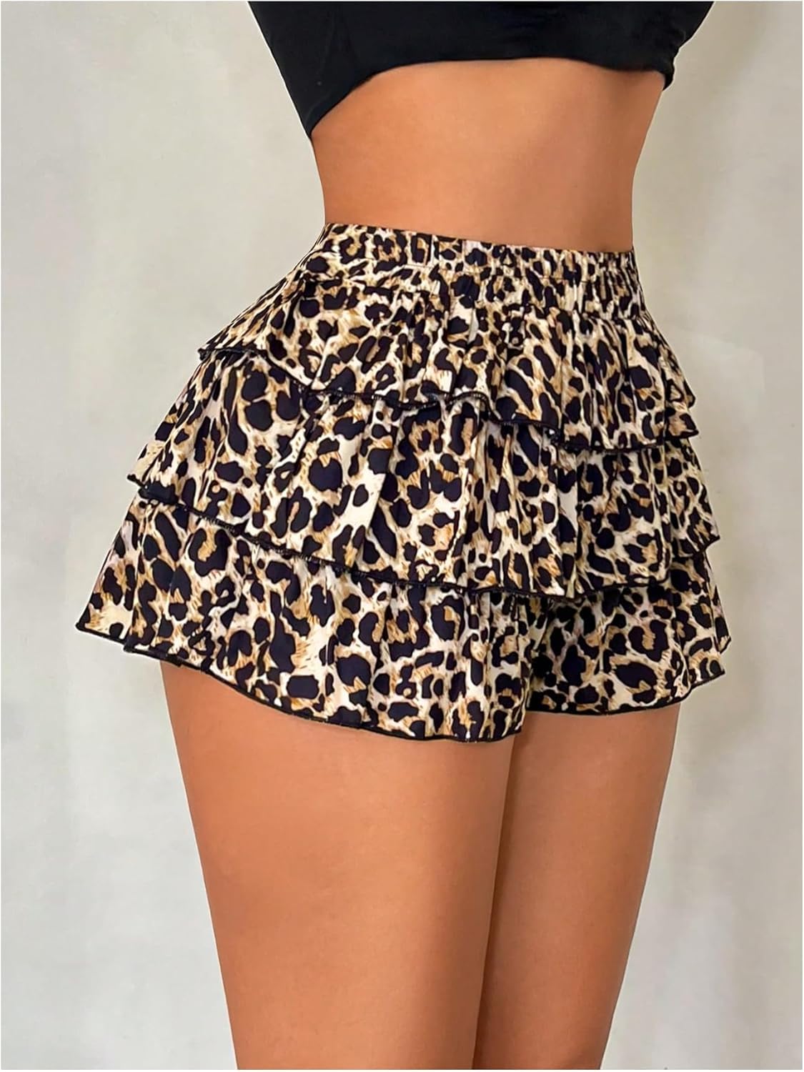 Women's Leopard Mini Shorts Y2k Cheetah Elastic Waist Layered Ruffle Shorts - Image 3