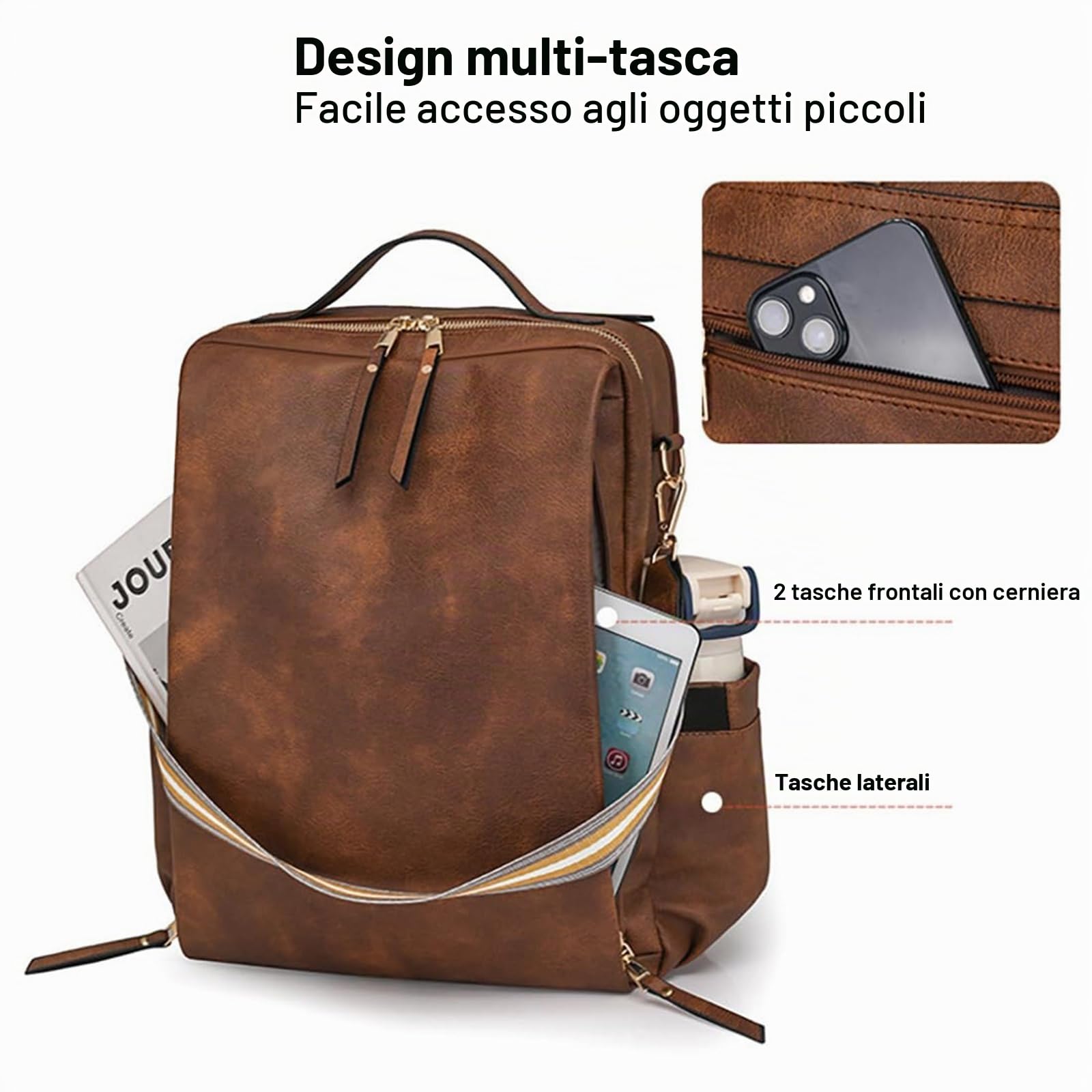 Zaino Porta Computer Donna in Pelle, Zaino in Pelle Donna per PC, Numerose Tasche e Scomparto Separato per Laptop, Ideale per Lavoro e Viaggio