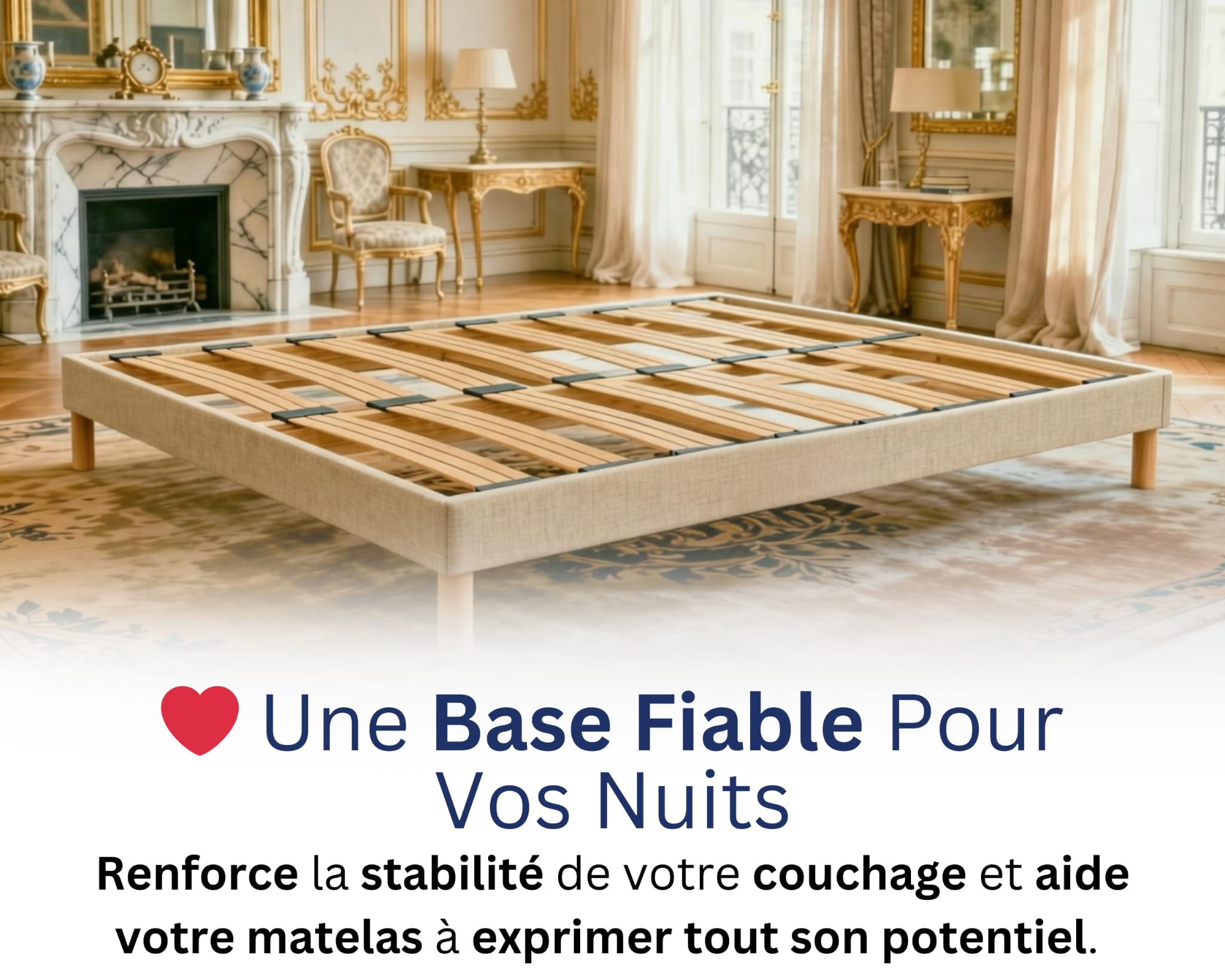 Sommier 140x190 Beige, Hauteur 30 cm, à Lattes Actives en Bois, Cadre Tapissé, Structure et Pieds Solide en Bois Massifs, Stable et Silencieux, Lit 2 Places pour Chambre Adulte