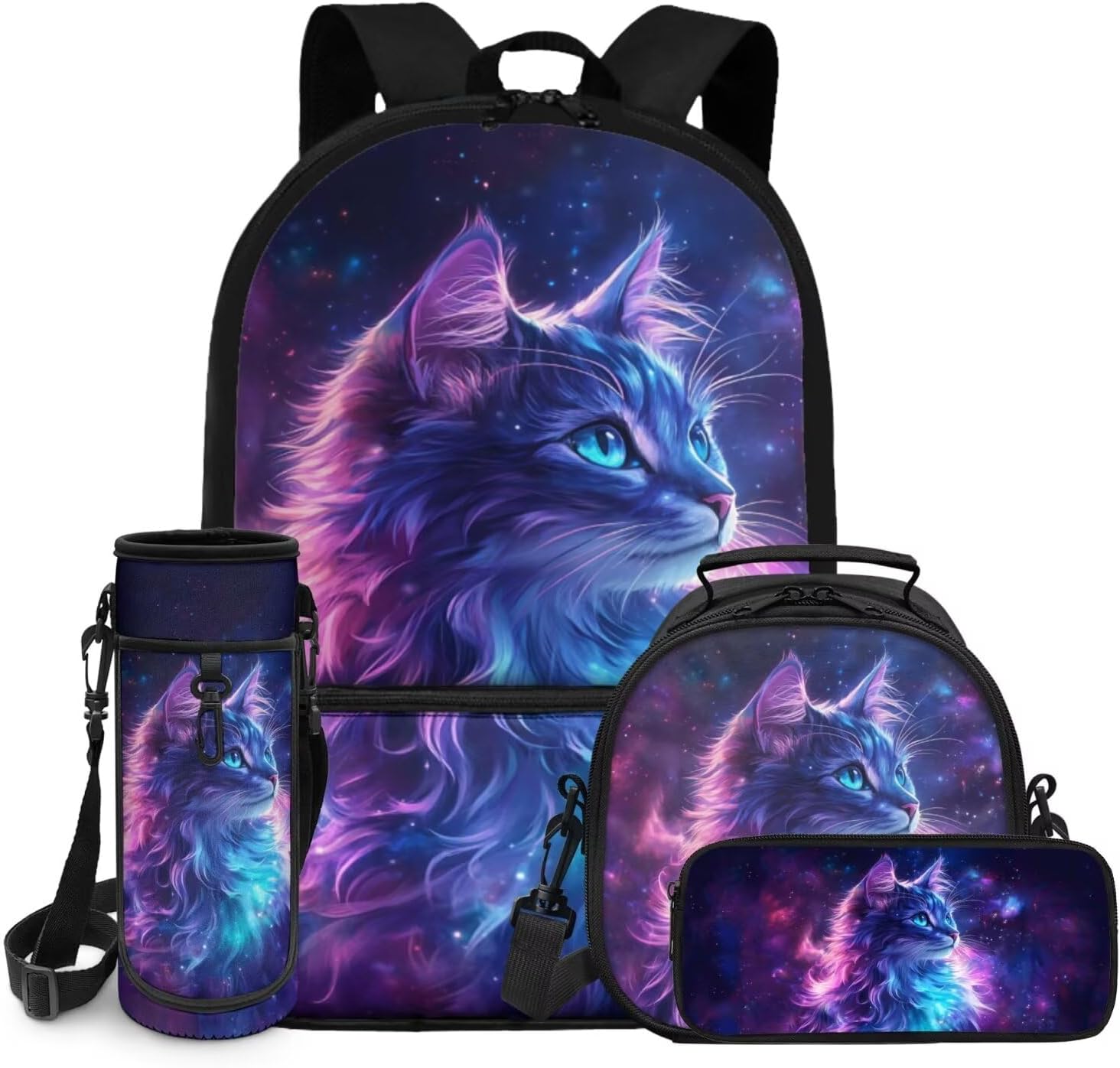 Showudesigns Galaxy Cat Backpack for School Girls Elementary School Bag Lunch Box Set with Pencil Case Water Bottle Holder 4 Pcs Middle High School Bookbag Satchel for Kids Boys Daycare Bags Daypack