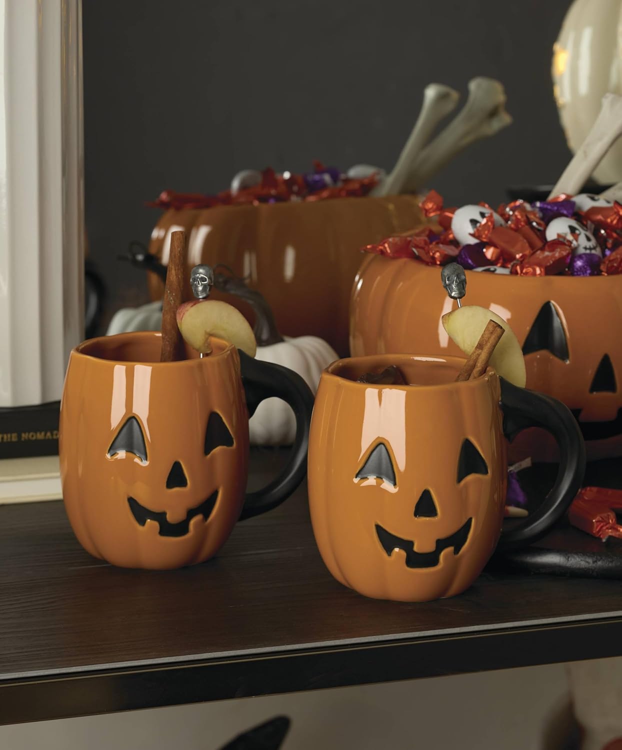 Lenox Coffee Mugs, Vintage Halloween Figural Pumpkin 20 Oz Mugs Set of 4, Porcelain, Spooky Drinkware Set, Dishwasher Safe, Microwave Safe, Halloween Decor Indoor, Pumpkin Decor (Orange/Black 4 Piece)