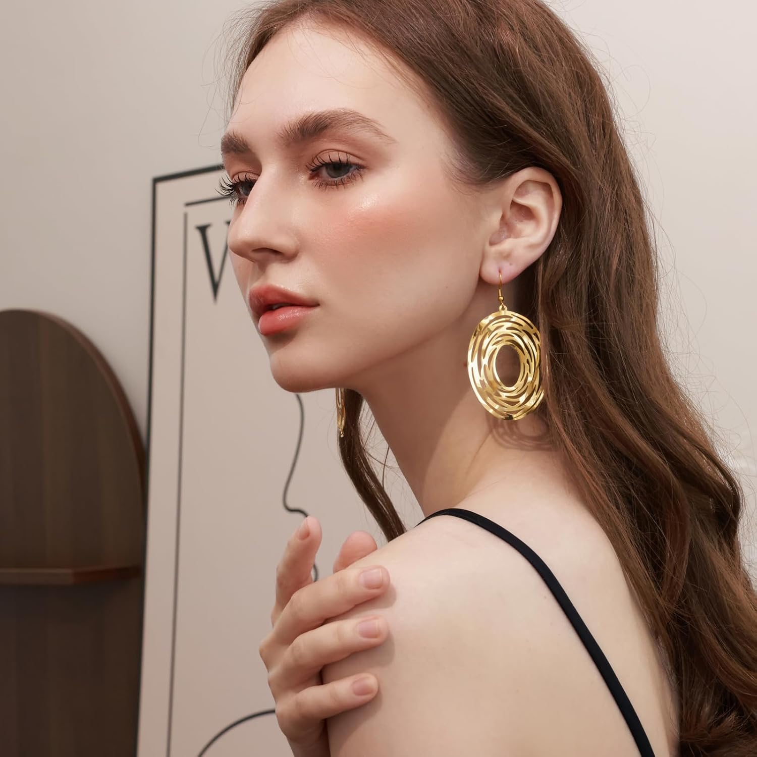 Large Gold Earrings, Big Earrings for Women, Long Dangling Bohemian Earrings, Gold Drop Earrings, Handmade Trendy Geometric Fish Hook Statement Earrings - Image 3