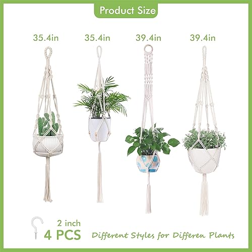Miniatura 6 de Paquete de 4 macetas colgantes de macramé, hechas a mano con cuerda de algodón para interiores y exteriores con borlas, 4 estilos para colgar