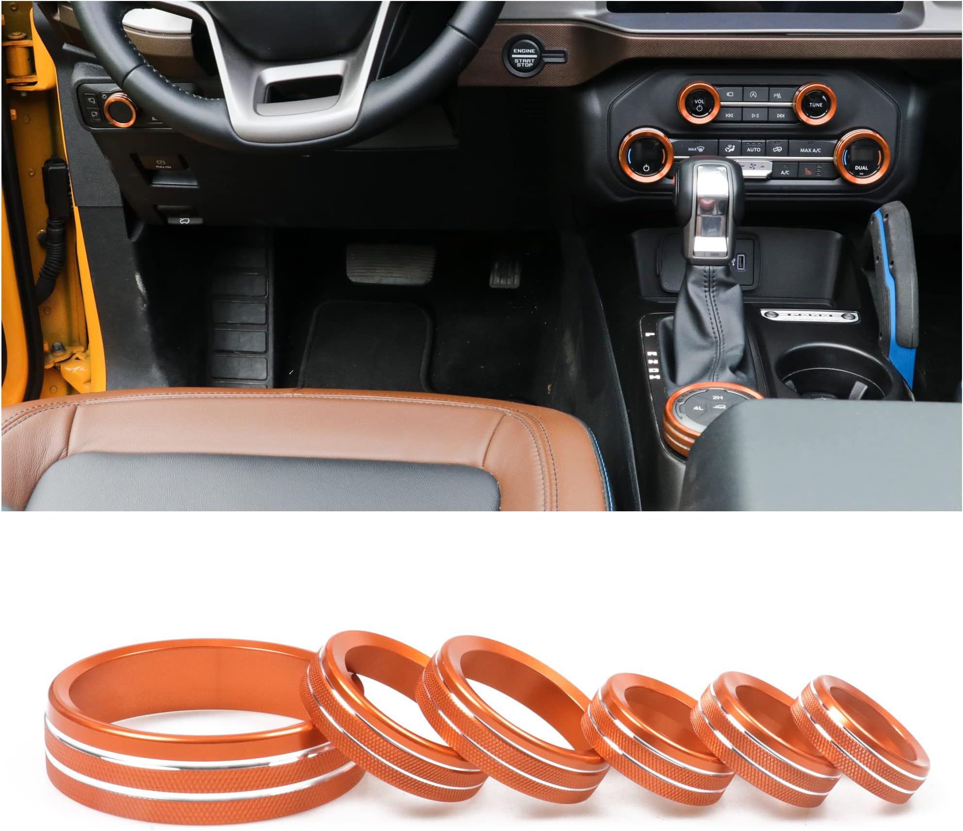 RERPRO Air Conditioner Headlight Switch Knob Cover Trim for 2021 2022 2023 New Ford Bronco 2/4 Door Interior Accessories Audio 4 Wheel Drive Trailer Gear Control Knob Aluminum Decoration 6 Pack Orange
