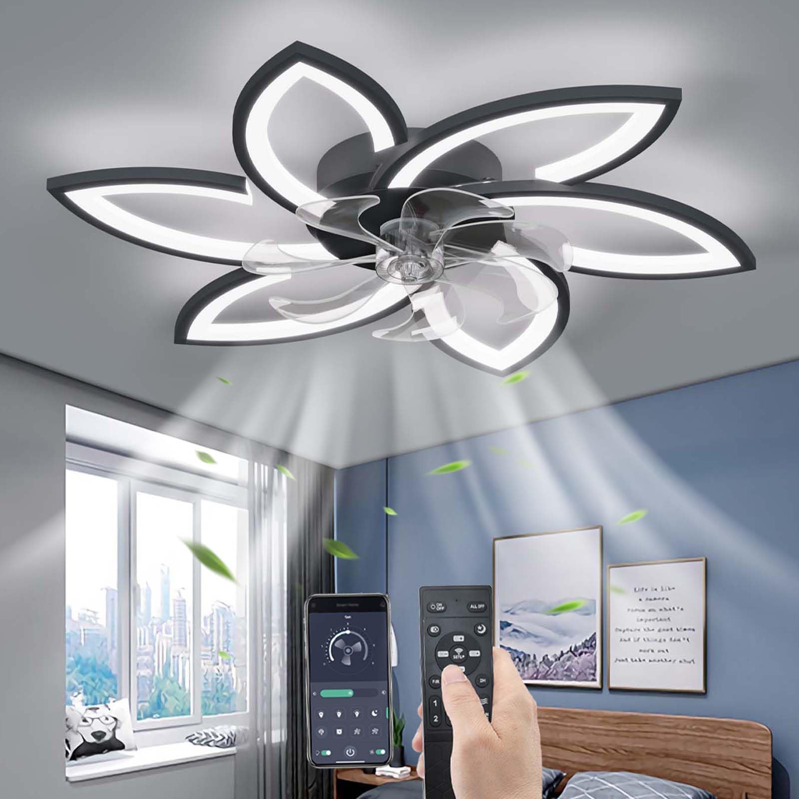 YUNZI Mute Ceiling Fan with Light with Remote Control, Dimmable LED Ceiling Lamp Modern Ceiling Fan Lighting for Living Room, Bedroom, Adjustable 6 Speeds, Black 78 cm