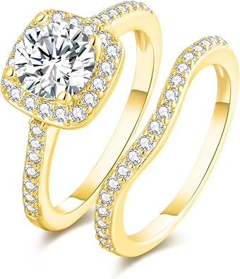 18K White Gold Plated Halo Eternity Rings for Women Cubic Zirconia Engagement Wedding Bands Two-in-One Bridal Ring Set