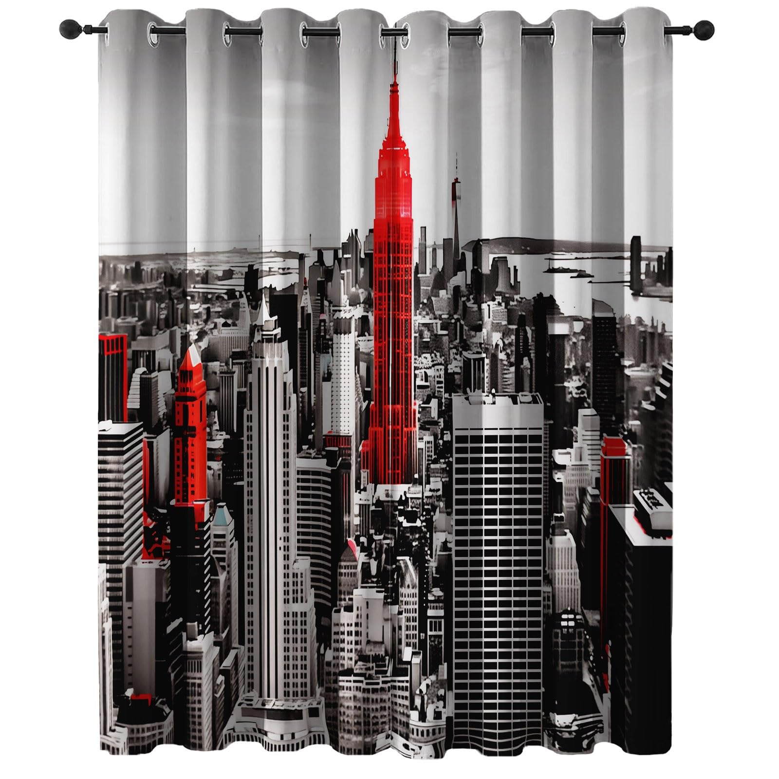 Rideau Occultant Motif Skyline Rétro de New York Gris Rouge, Rideau Thermique Isolant Anti Chaleur Tenture Opaque à Oeillets Isolation Anti UV pour Chambre Maison Salon, 140L x 250H cm (2 Panneaux)