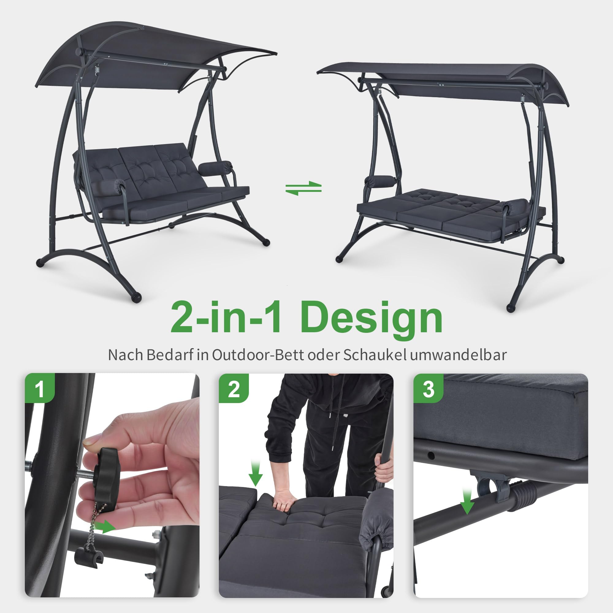 M MCombo 3-Sitzer Hollywoodschaukel mit Liegefunktion, Schaukelbank Outdoor Wetterfest, 3 Extradickem Sitzkissen & Silent-Haken, Gartenschaukel bis 300kg Belastbar, 4025 (grau)