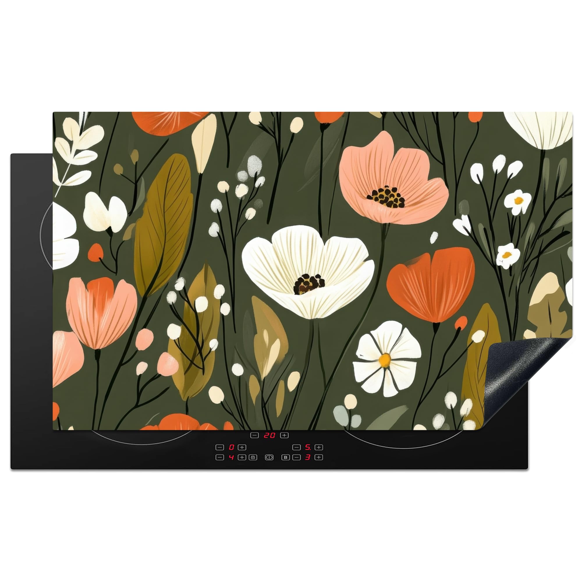 KitchenYeah© Induction Hob Cover Protector Mat 20.3"x32.7" / 83x51.5 cm Kitchen Universal Ceramic Covers for Electric Cookers Vinyl Flowers - Illustration - Green