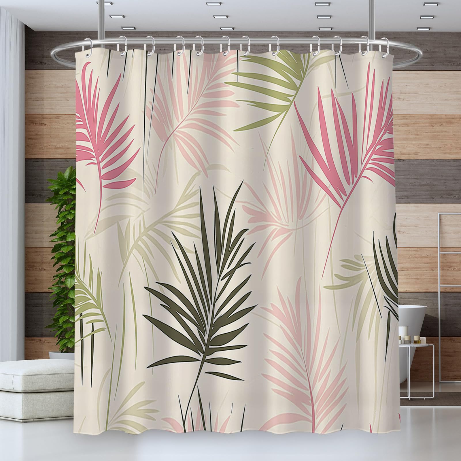 Grand rideau douche feuilles de palmier pour créer une ambiance spa moderne dans la salle de bain