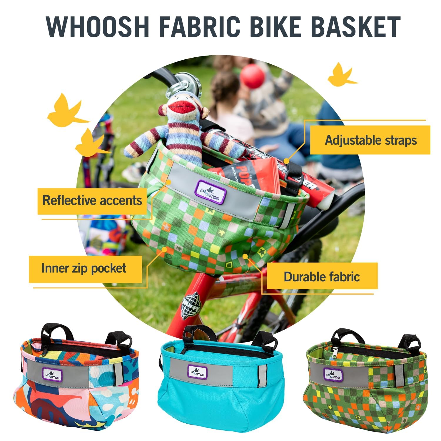 Po Campo Kids Bicycle Basket – Whoosh Bike Basket – Front Frame Handlebar Bag – Waterproof Fabric Bike Basket for Boys, Girls, Toddlers Bike or Scooter (Blue Gecko)