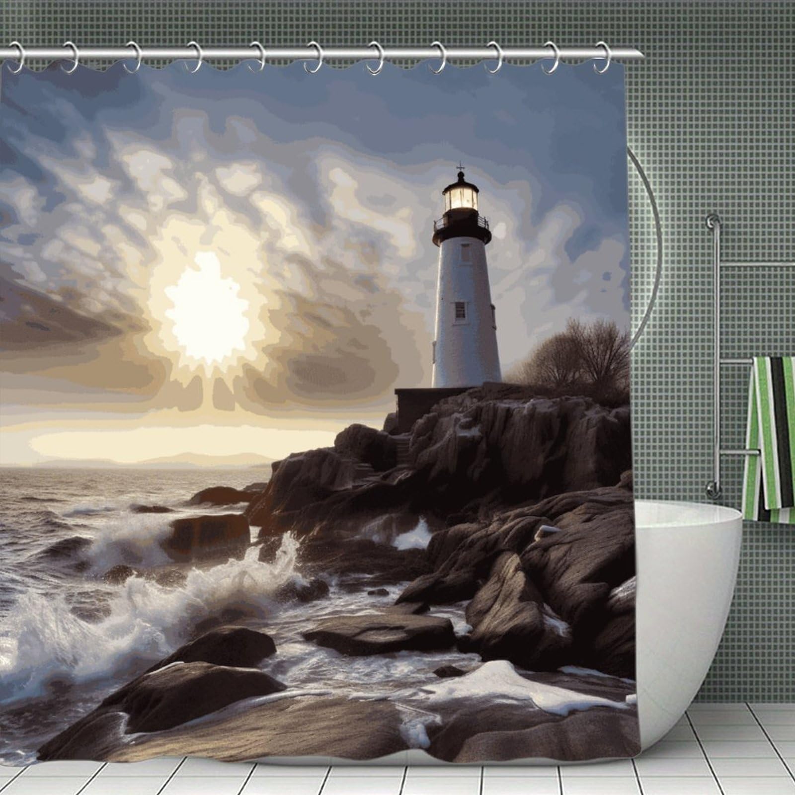 FekiLoot Lighthouse Rocks Seaside Shower Curtain with Hooks Modern Farmhouse Bathroom Curtain Waterproof Cloth Bath Curtains Cute Washable Blackout Privacy Curtains for Bathroom Bathtub 70.8"x70.8"