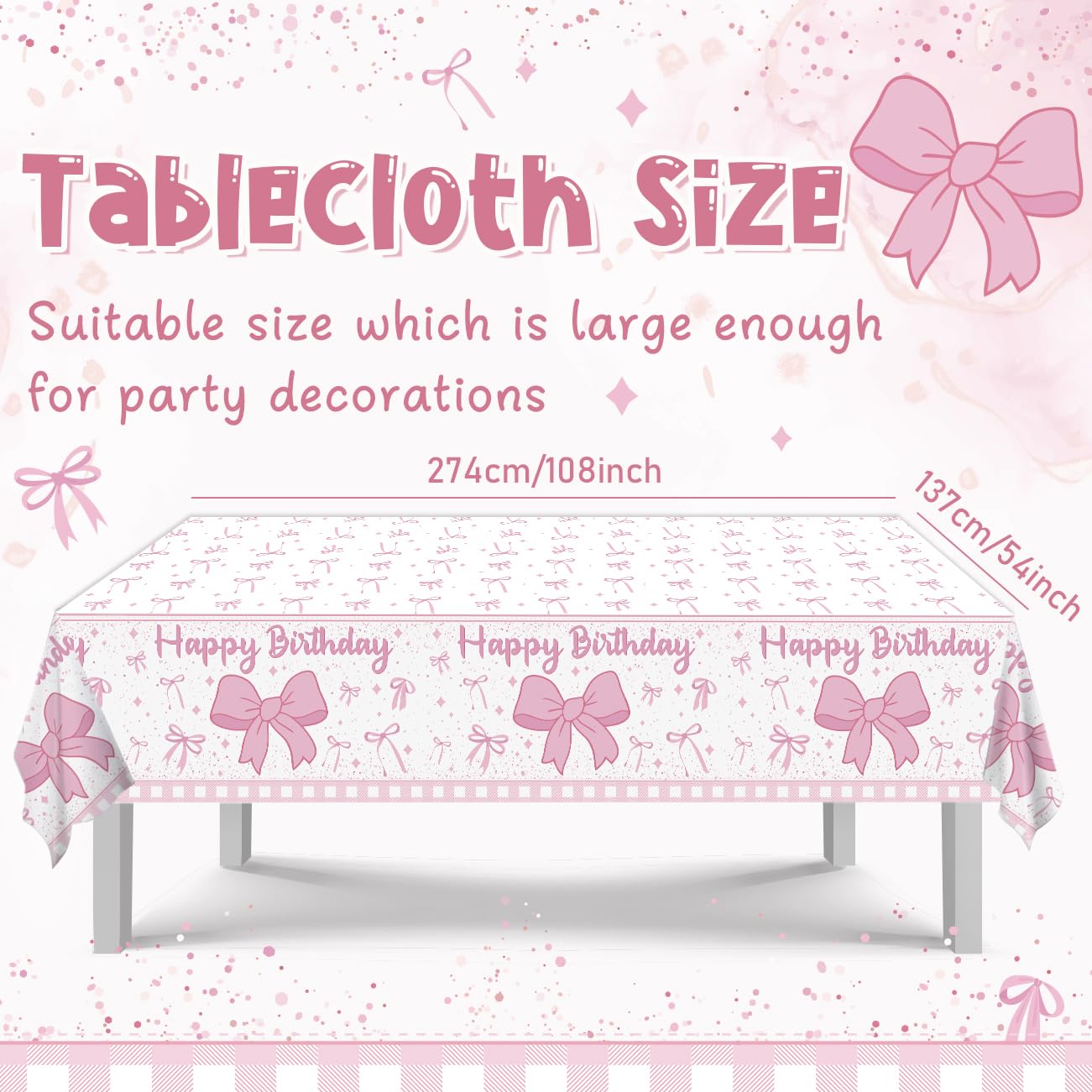 3Pcs Pink Bow Birthday Decorations Coquette Birthday Tablecloths Happy Birthday Table Cloth for Women Disposable Plastic Table Covers for Bow Birthday Party Supplies 54 * 108inch