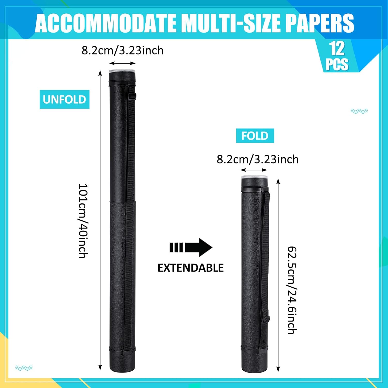 Henoyso 12 Pcs Extendable Poster Tubes with Strap (24.5" to 40") - Blueprint Holder & Carrying Case for Maps, Documents, Artworks, Banners (L)