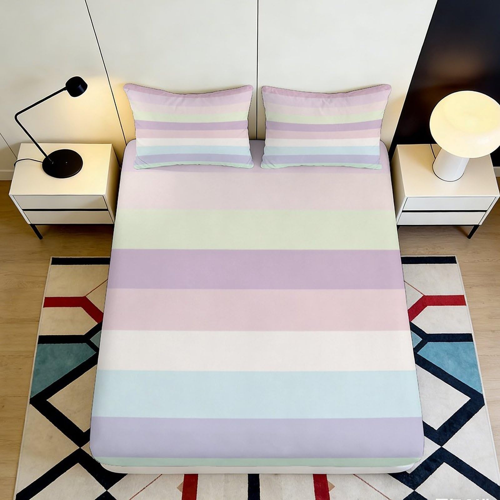 3D Printed Pastel Rainbow Fitted Sheet Microfiber Soft Striped Gradient Mattress Cover for Bedroom Guest Room Decor 90x200x25cm