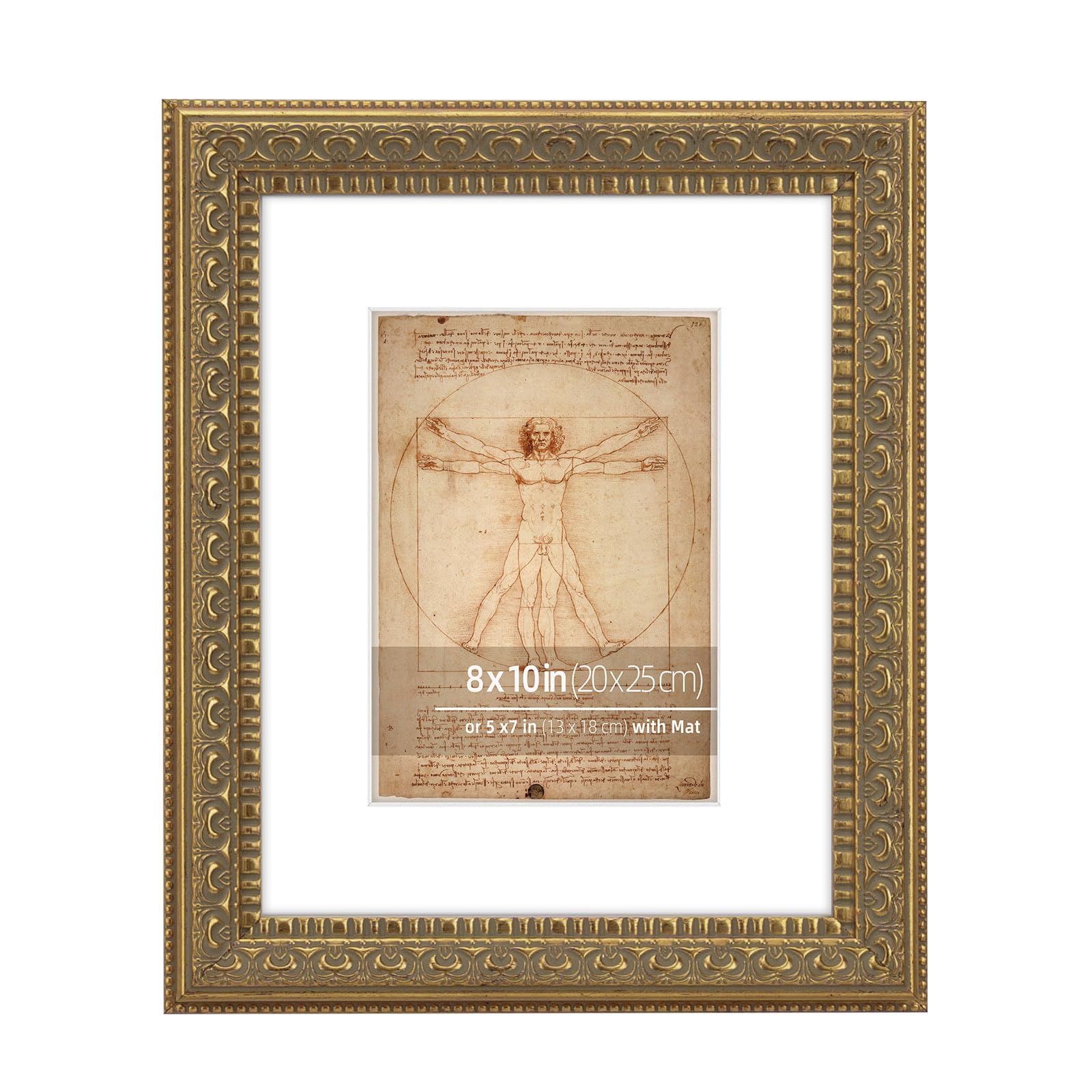 Eitida 8x10 in Antique Gold Ornate Classic Picture Frame, Matted for 5x7 Photos, Real Glass Protection, Tabletop or Wall Mounting Display