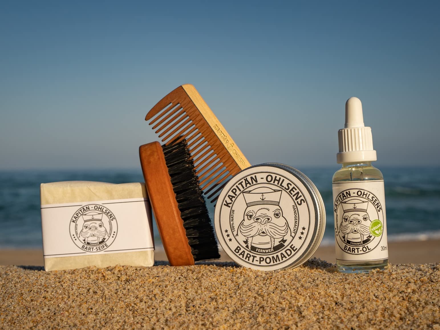 Kapitän Ohlsens Bartpflege Set Kaphorn- Bartöl + Bartpomade + Bartseife + Bartbürste +Bartkamm - handgemacht