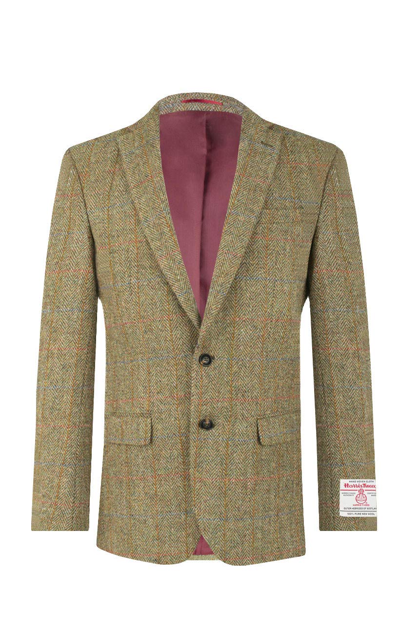 Dobell Harris Tweed Mens Green Herringbone Windowpane Check Jacket Regular Fit 100% Wool-44R
