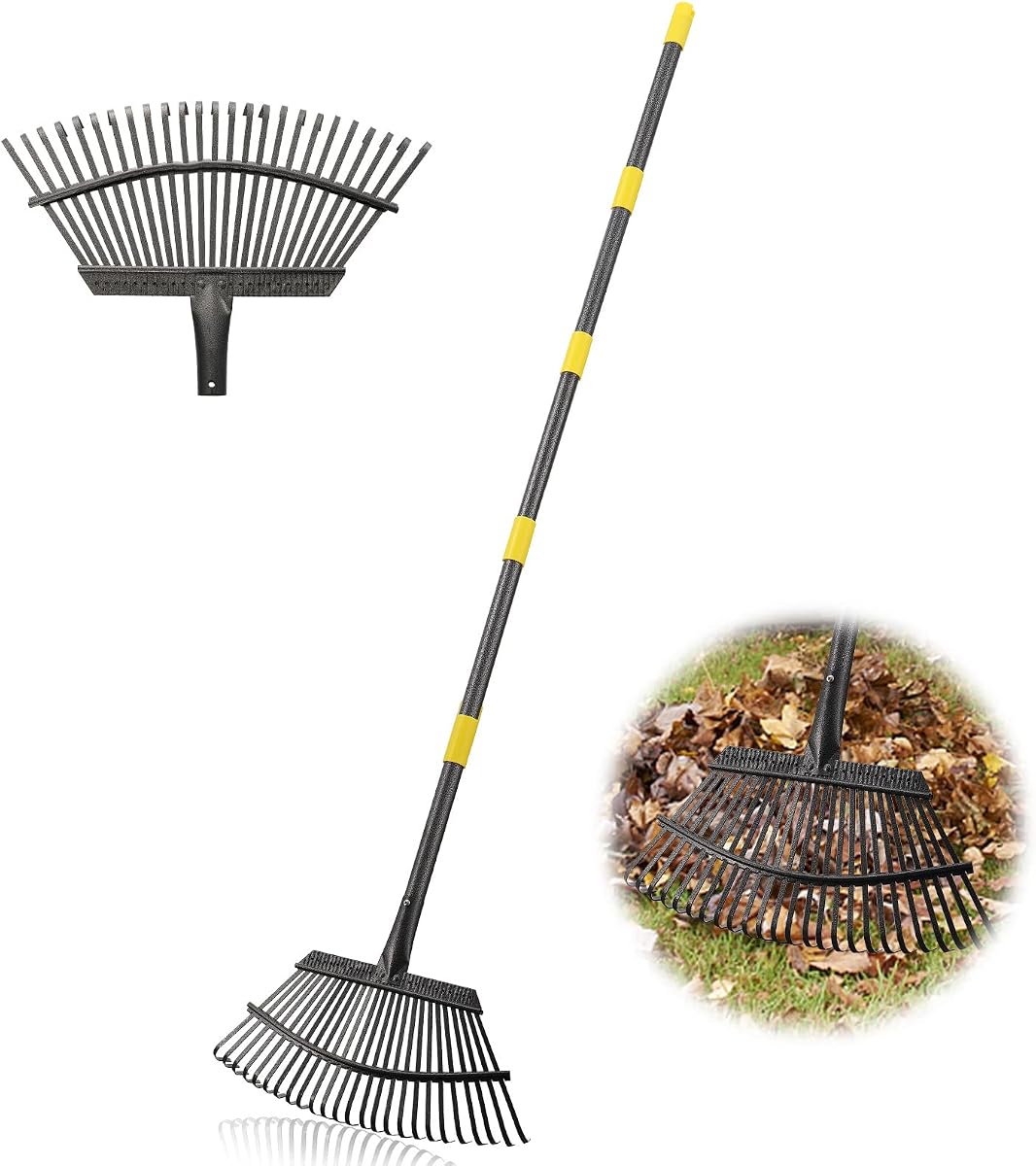 Rastrillo de jardín – Rastrillos de hojas grandes para jardinería – 25 púas de metal de 18.0 in de ancho – Rastrillos de hojas de mango largo de 78.0 in para césped resistente para jardín, arbustos, camas de jardín