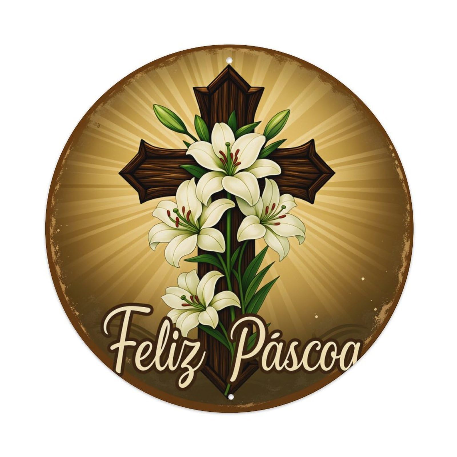 Cross Lilies Sunburst Background Text Round Tin Sign Vintage Style Metal Sign Home Bar Garden Wall Plaque Decor Metal Poster 8x8 Inch