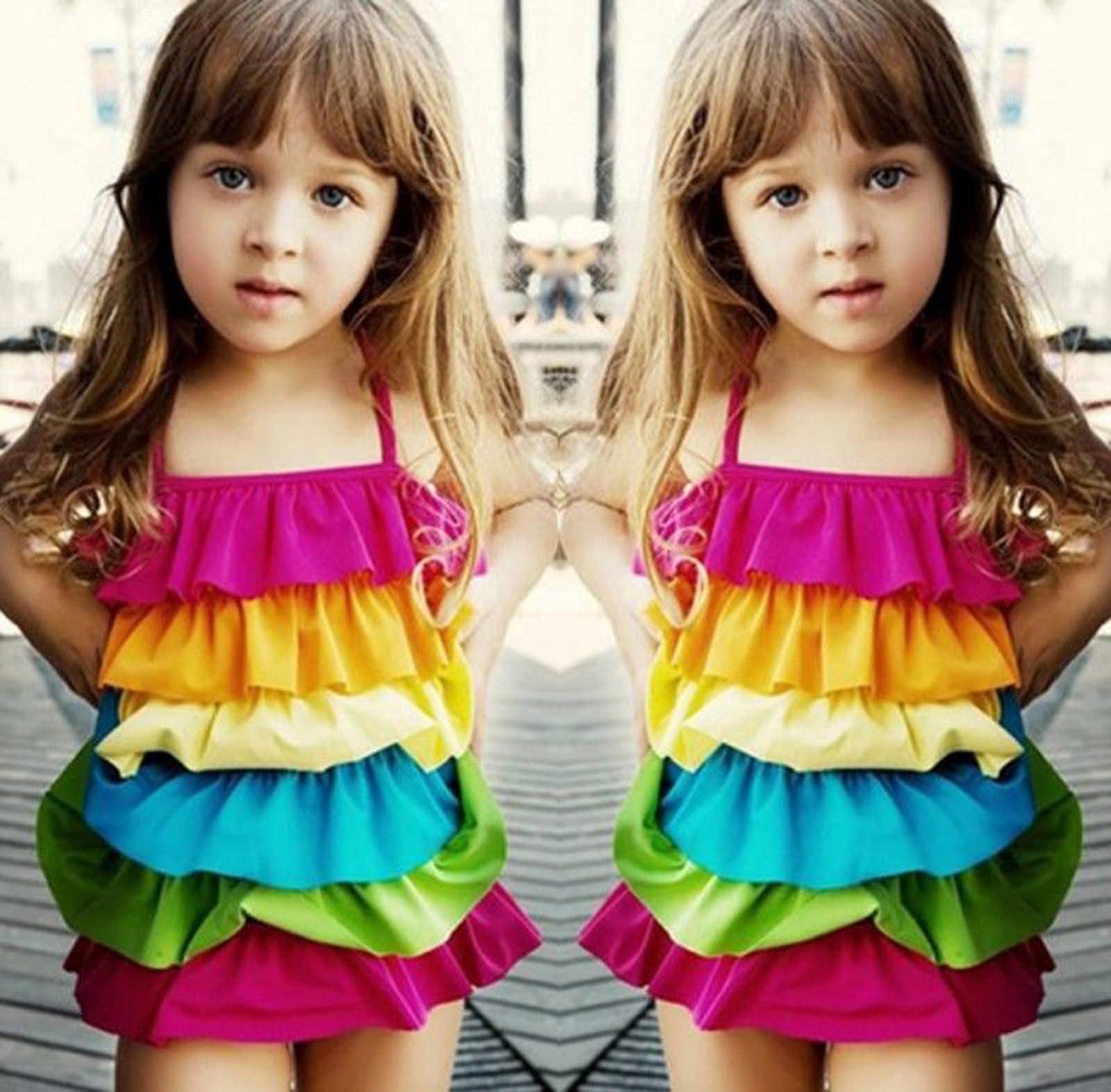 Little Girls Ruffled Rainbow Striped Bathing Suits Bikini Swimwear (Rainbow, 120 for 4-5T)