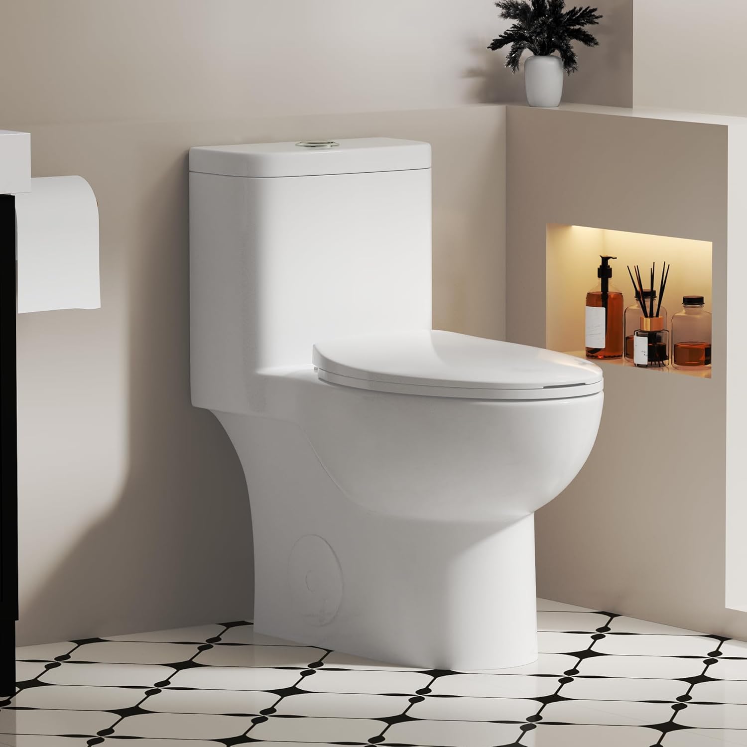 Elongated One Piece Toilet with Comfort Chair Seat ADA Height 17.3", High Efficiency Dual Flush 0.8/1.28 GPF Compact Toilet for Bathroom, MAP 1000g, 12" Rough-In, Standard White Bowl