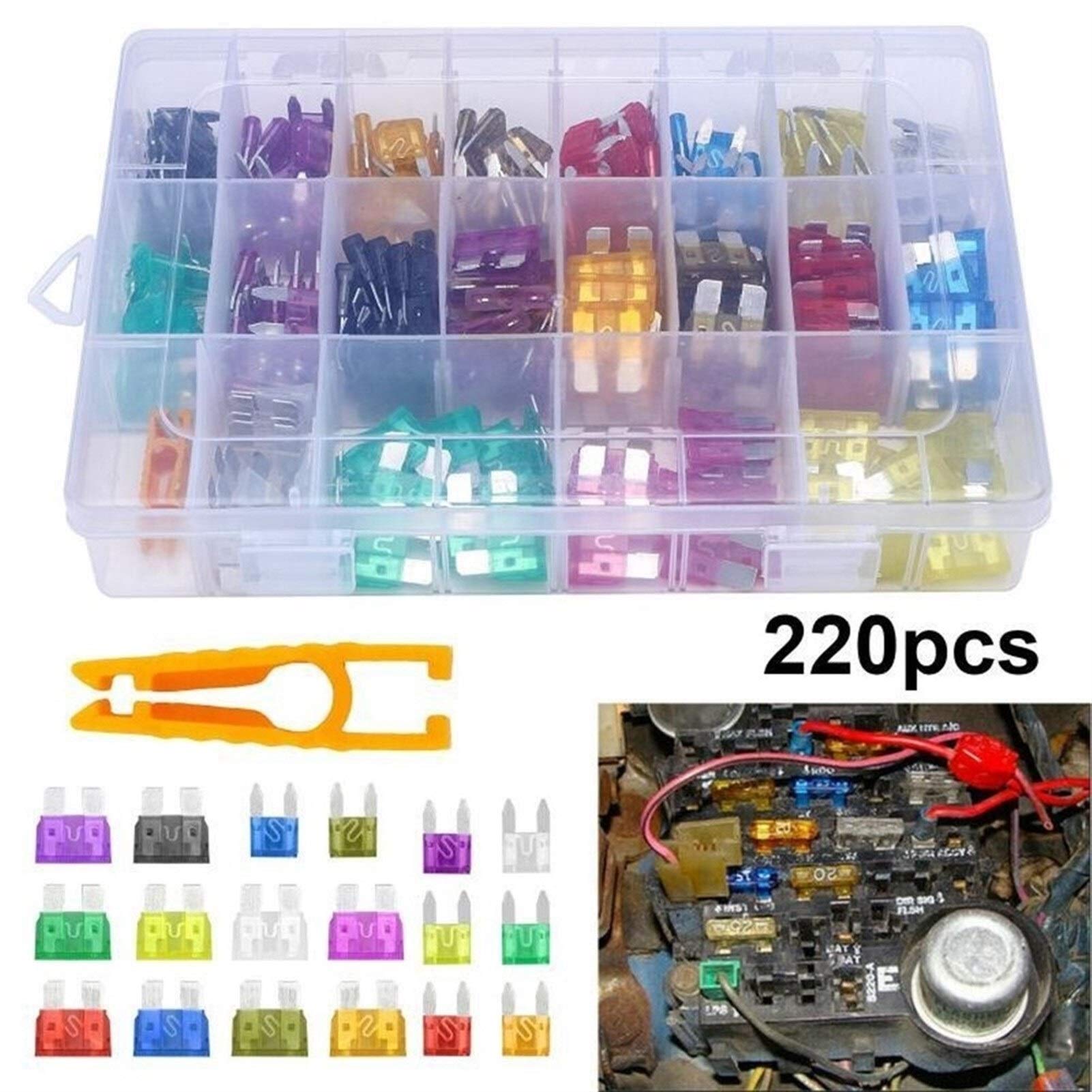 Kit de fusibles for coche y camión, 220 Uds., APM ATM, Mini AMP, surtido de fusibles de cuchilla estándar, juego de cuchillas, Mini película de seguro de coche Cableado de protección