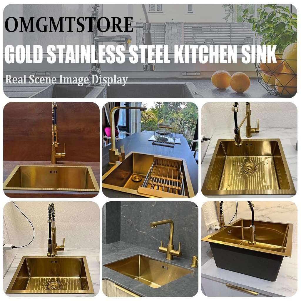 Gastro Waschbecken Edelstahl, Goldfarbene Barspüle, Unterbau-Barspüle, kleine Barspüle mit Einzelbecken, Wohnmobilspüle, Gold-Nano-Edelstahl mit goldenem Abfluss und Ablaufkomponenten (55 x 40 cm)