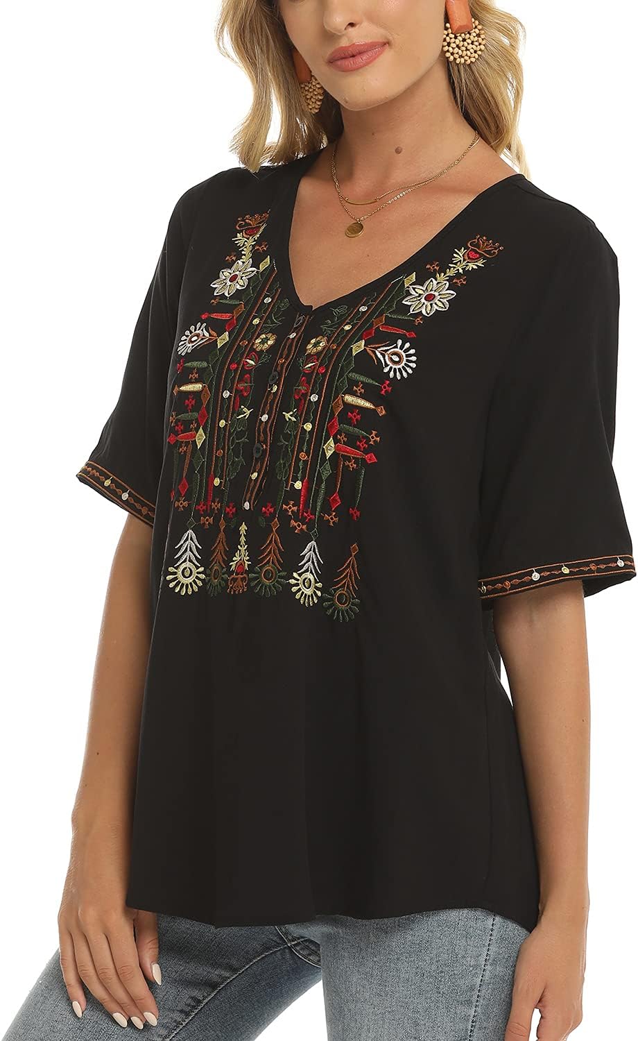 Grosy Women's Short Sleeve Bohemian Tops for Summer, Floral Embroidered Mexican Peasant Blouses, V Neck Boho Top for Women - Image 2