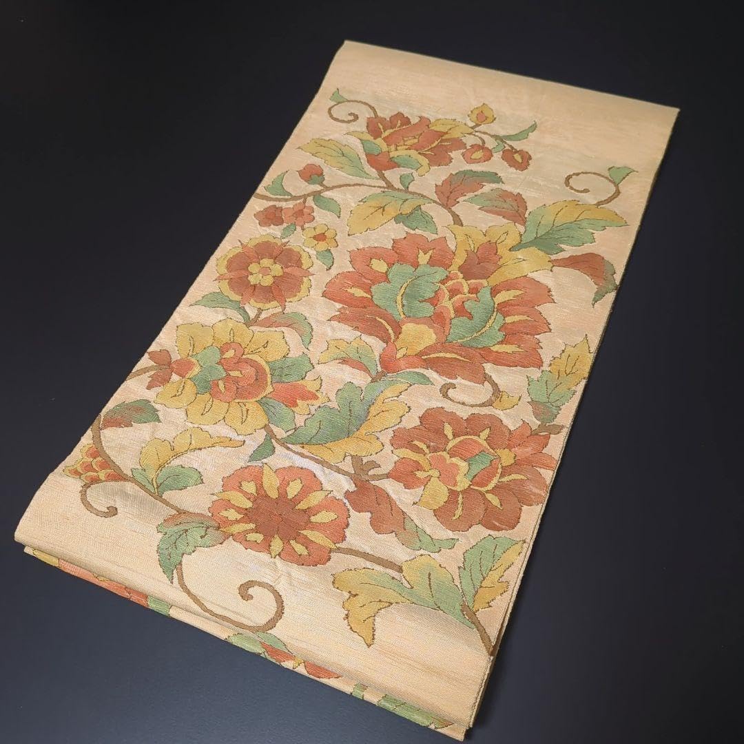 H-649 名古屋帯 開き仕立て 化繊 八寸 お太鼓柄 花唐草