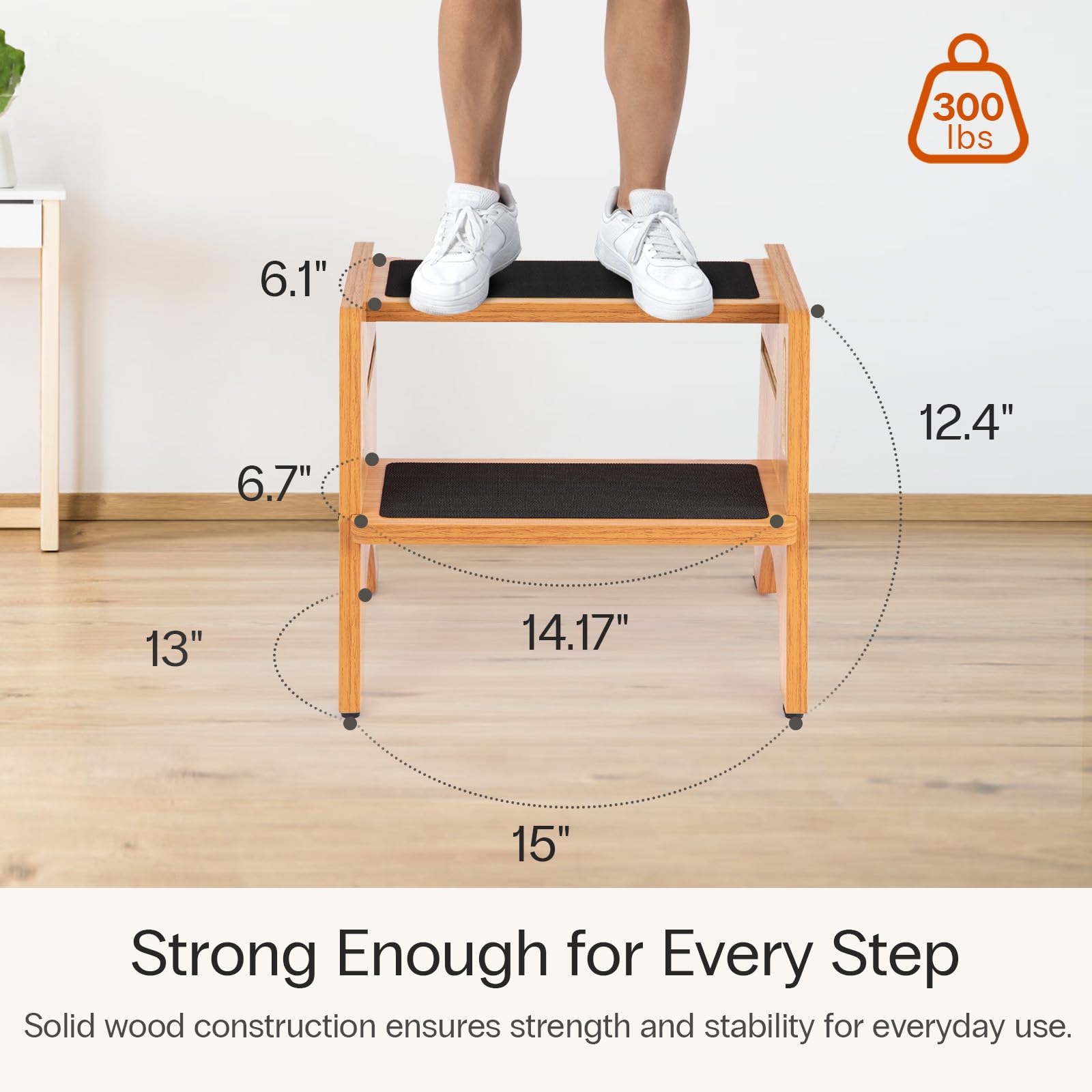 StrongTek Taburete 2 Escalones Ajustables de Madera | Escalera resistente de madera con 2 peldaños regulables en altura y bordes antideslizantes para uso familiar