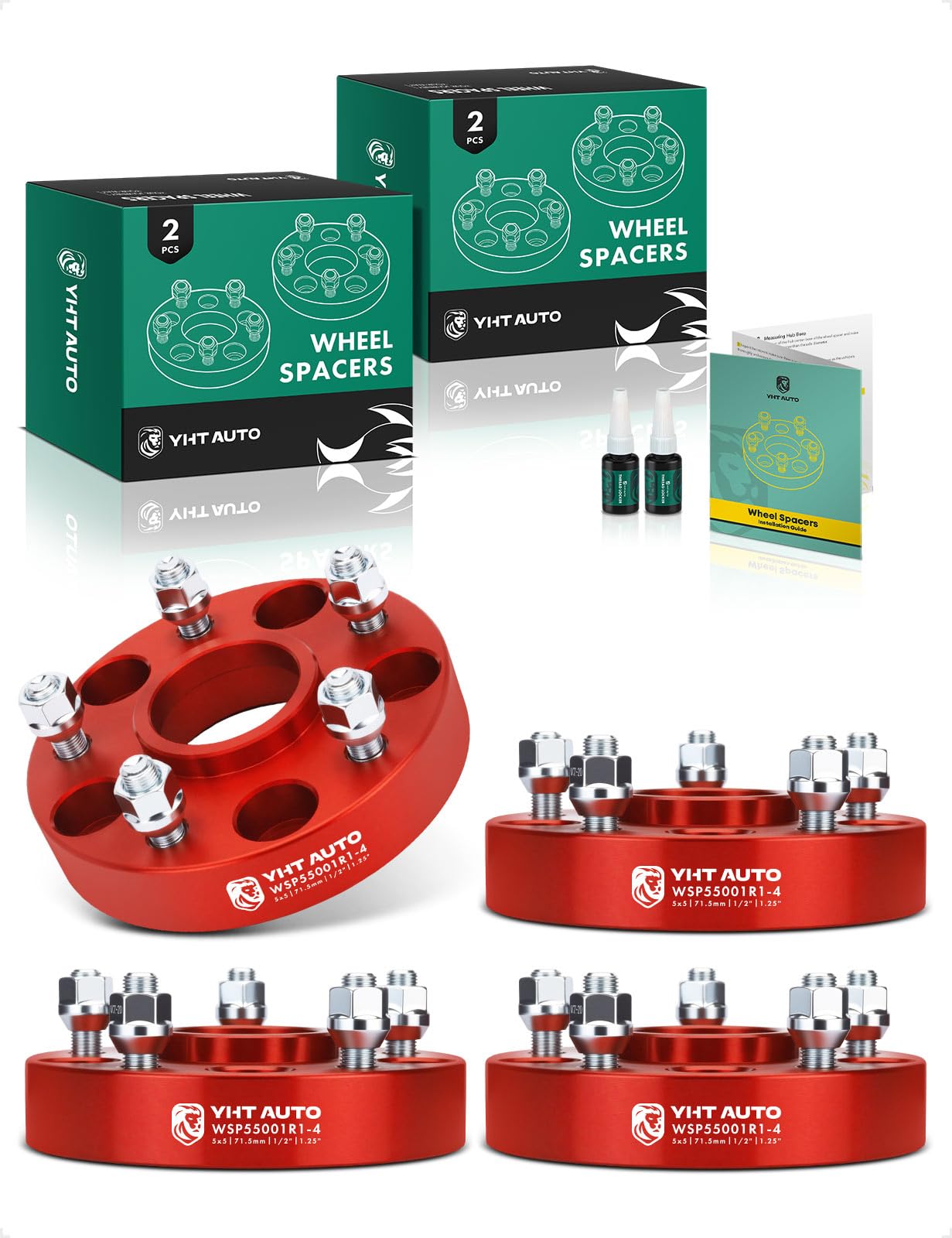 YHTAUTO 5x5 Hub Centric Wheel Spacers 1.25 Inch Fit 1999-2018 XK WJ WK JK JL Jeep Grand Cherokee Wrangler Commander 5x127mm Tire Spacers w/ 1/2"-20 & 12.9 Grade Studs, 71.5mm Hub Bore 5 Lug 4PCS Red