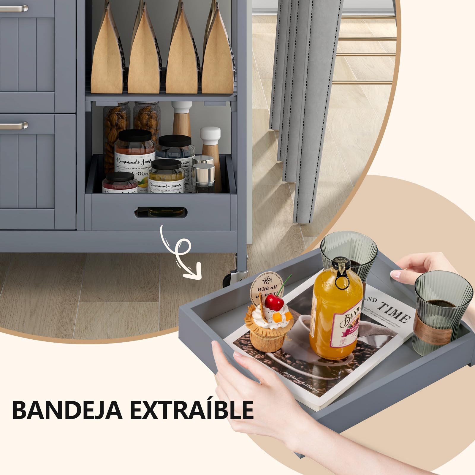 COSTWAY Carrito de Cocina con Ruedas Bloqueables, Carrito de Servicio Multiuso con 2 Estantes Abiertos y 3 Cajones, Bandeja Extraíble, Carro Auxiliar de Madera para Cocina y Comedor (Gris)
