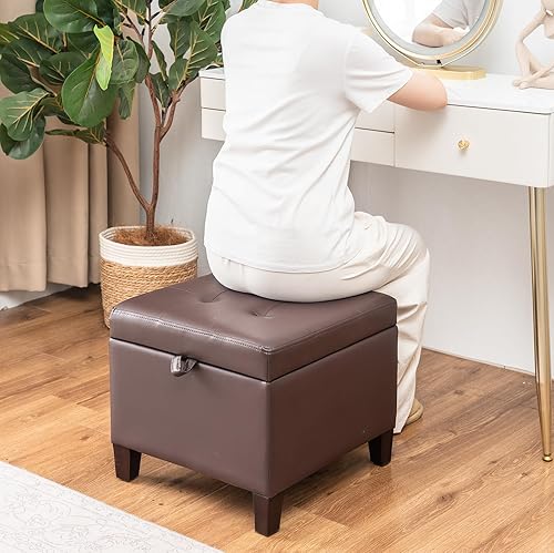 Miniatura 80 de Asense Reposapiés cuadrado tapizado de piel sintética con patas de madera, color gris Style1 Imitación Cuero Gris,Style2 Imitación Cuero