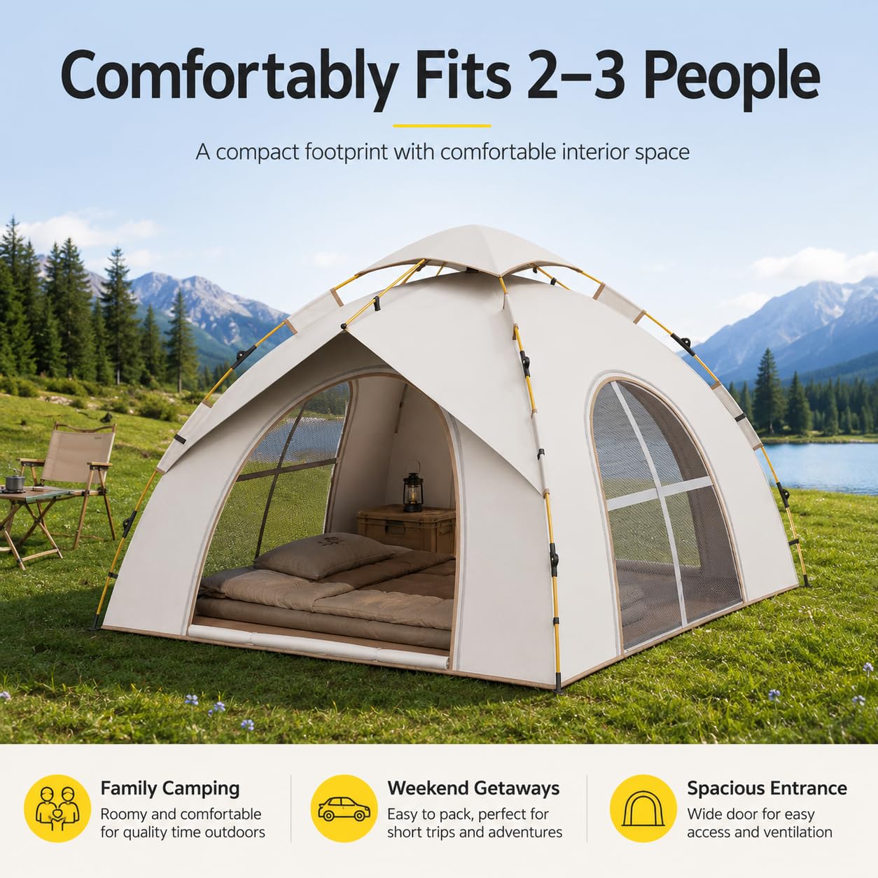 Tenda da campeggio istantanea per 2-3 persone, spaziosa tenda a cupola familiare con grandi porte e finestre in rete, facile da montare, riparo portatile per campeggio, escursionismo e viaggi del fine