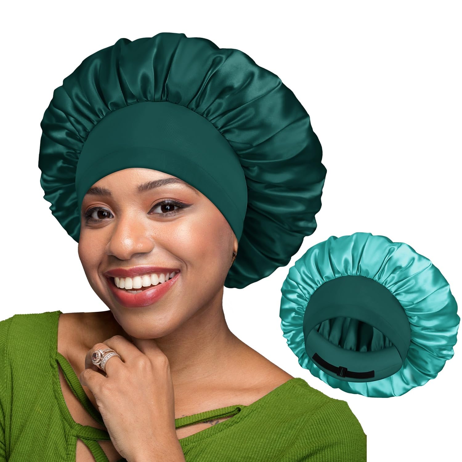 BONNET QUEEN Silk Bonnet for Sleeping Women Double Layer Reversible Satin Bonnet Sleep Cap for Curly Hair,Darkish Green & Aqua