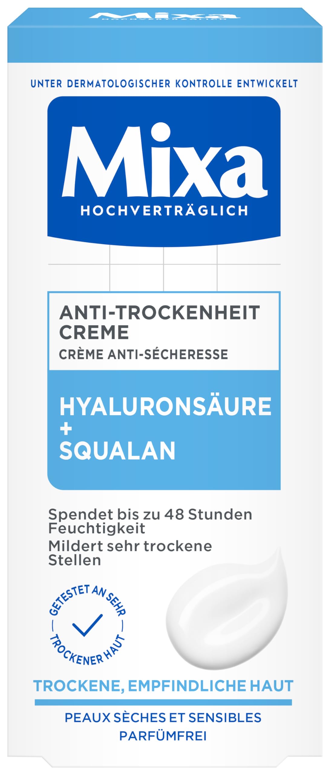 Mixa Anti-Trockenheit Creme, Gesichtscreme für trockene, empfindliche Haut, Mit Hyaluronsäure und Squalan, 50 ml