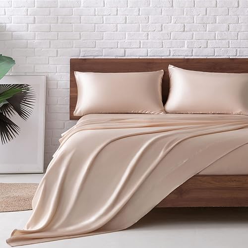 MR&HM Satin Bed Sheets, Queen Size Sheets Set, 4 Pcs Silky Bedding Set with 15 Inches Deep Pocket for Mattress (Queen, Champagne)