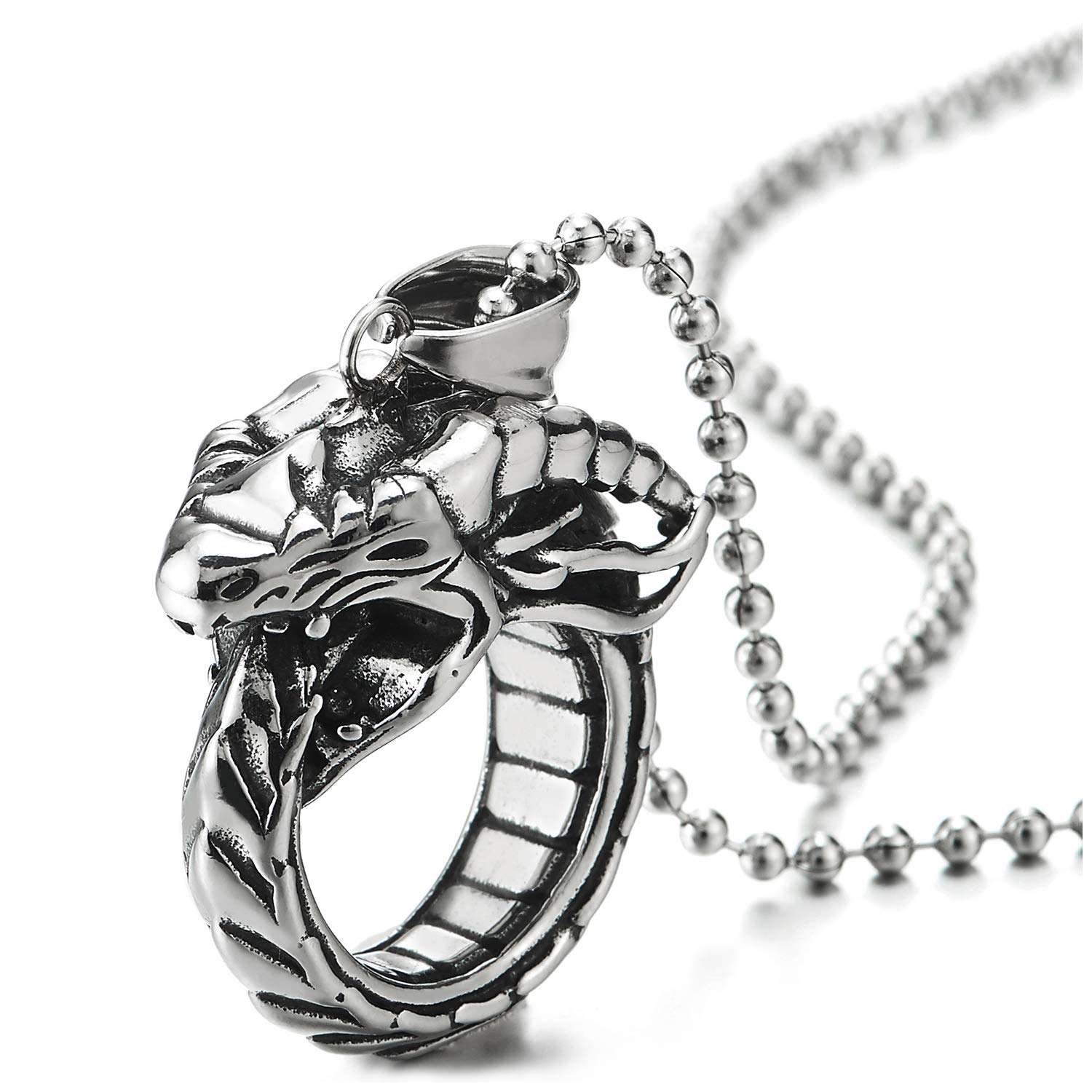 Cadena Cabeza COOLSTEELANDBEYOND Estilo Retro Vintage Dragón Cabeza Colgante Con Colgantes Anillo, Collar Con Colgante De Hombre Acero, Cadena Trigo 75CM Martillo De Thor Colgante